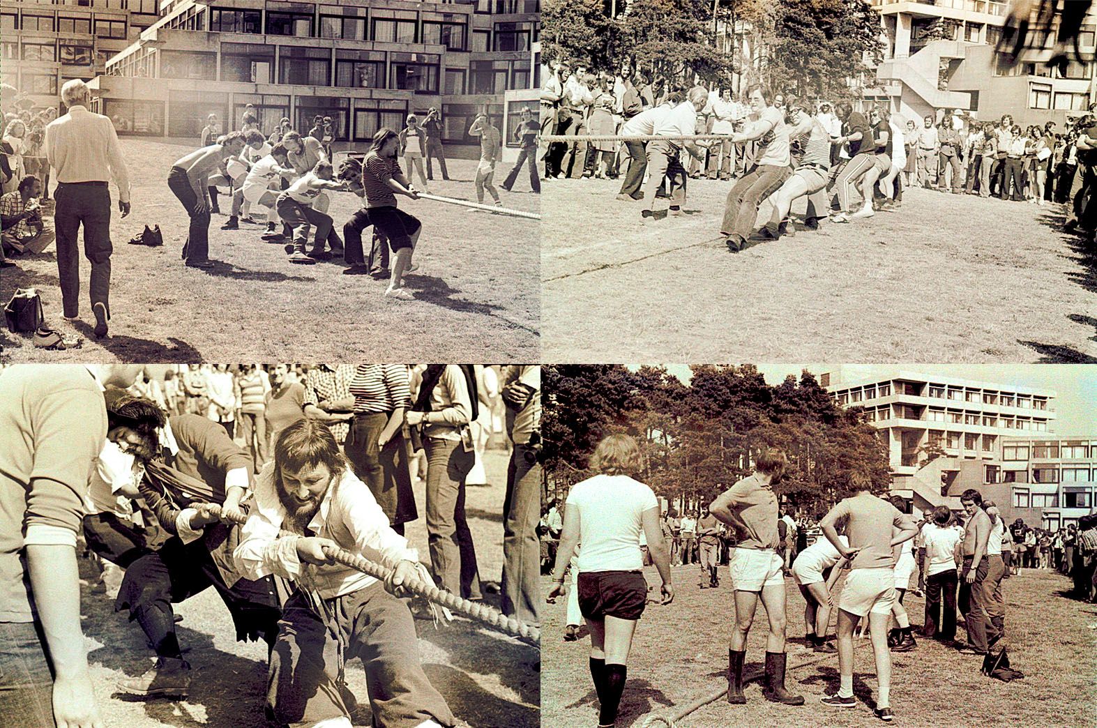 A compilation of various black and white photographs from a sports day in the late 1970s. Tug of war outside the Ziggurats