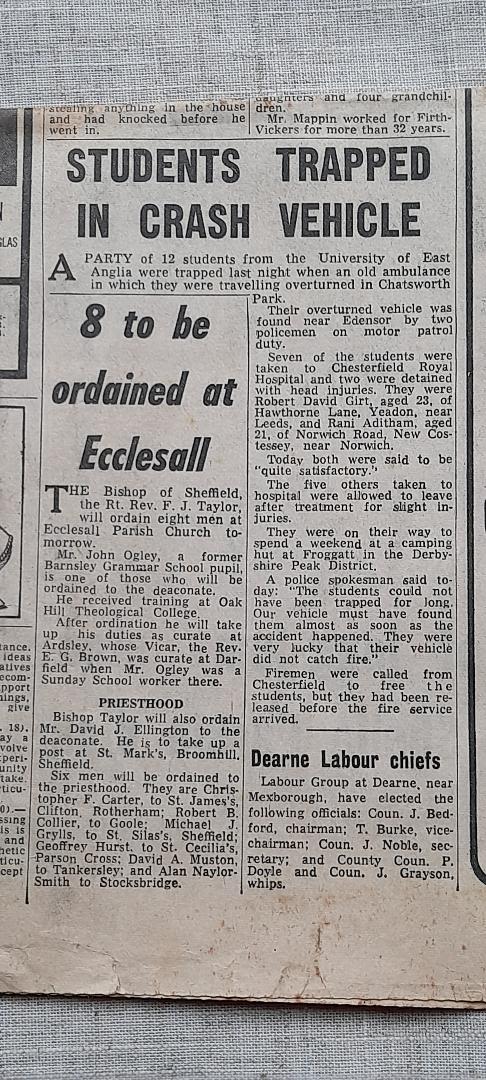 A newspaper clipping describing Dave Girt's ambulance crash.