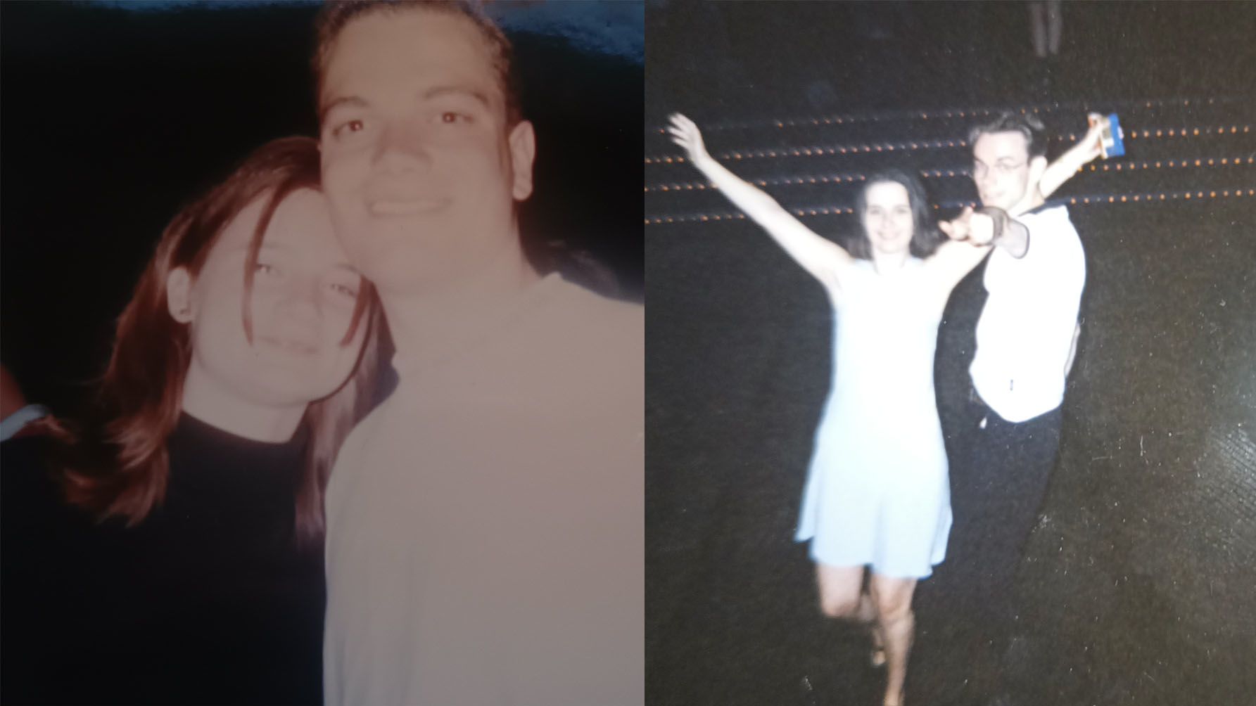 Two photographs, side by side. In the first on the left, a man and a woman smiling at a club. In the second, a man and a woman dancing on the LCR's dancefloor.