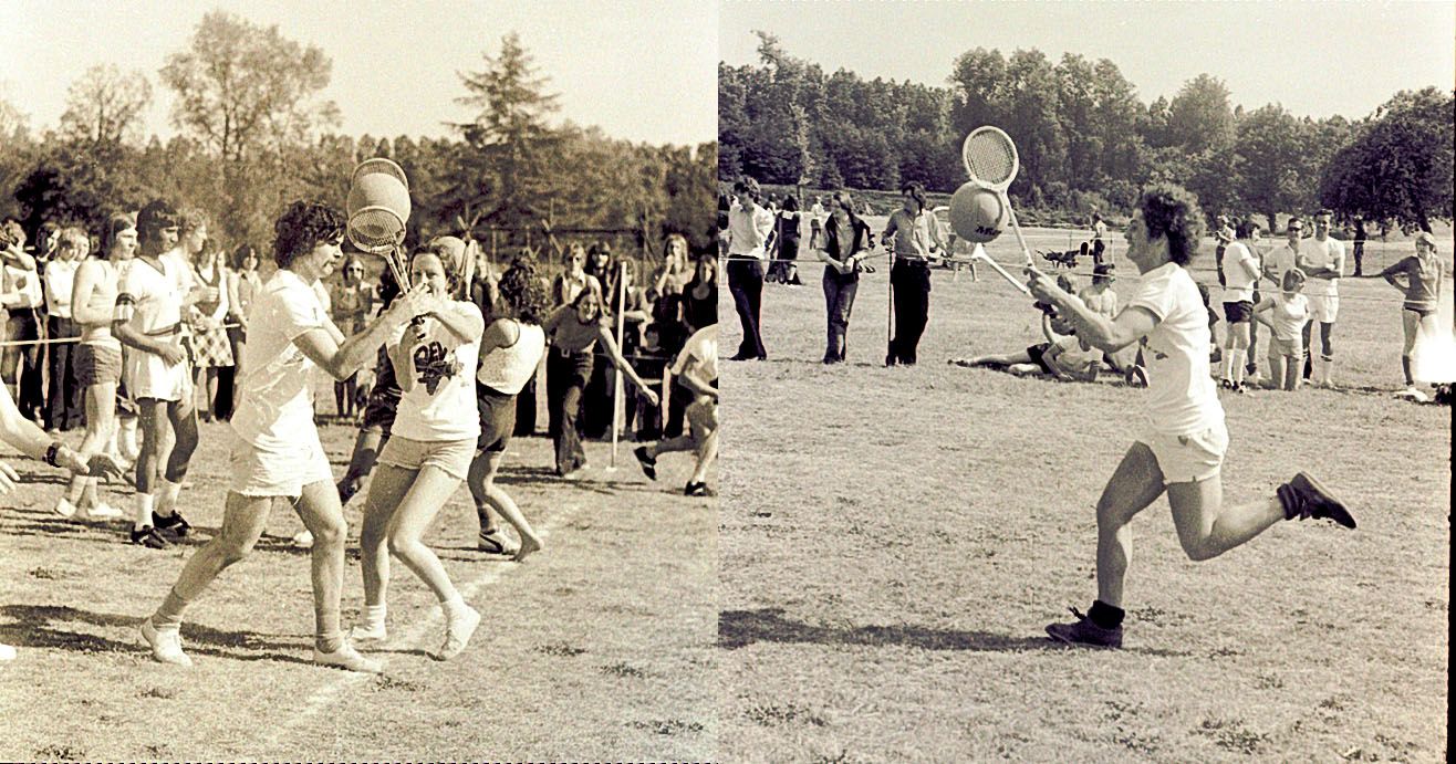 A compilation of various black and white photographs from a sports day in the late 1970s.