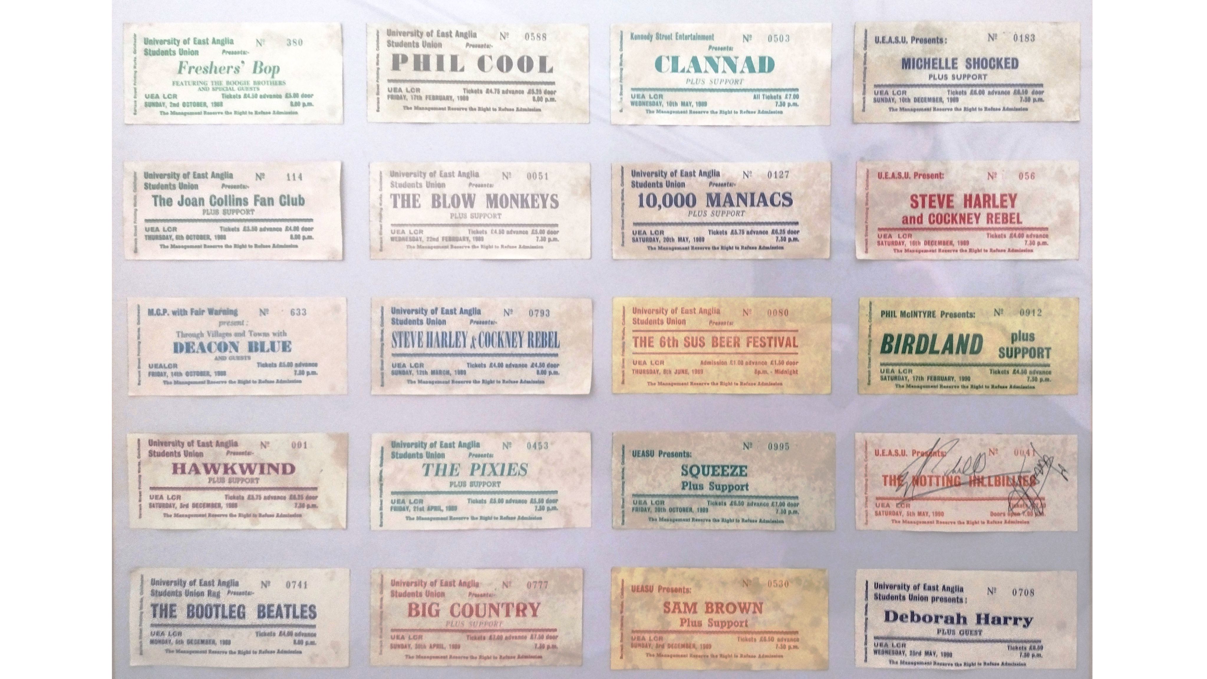 Gig tickets from 1988-1991 at the LCR. Artists include The Pixies, Big Country, Hawkwind, Squeeze, Debbie Harry and Michelle Shocked