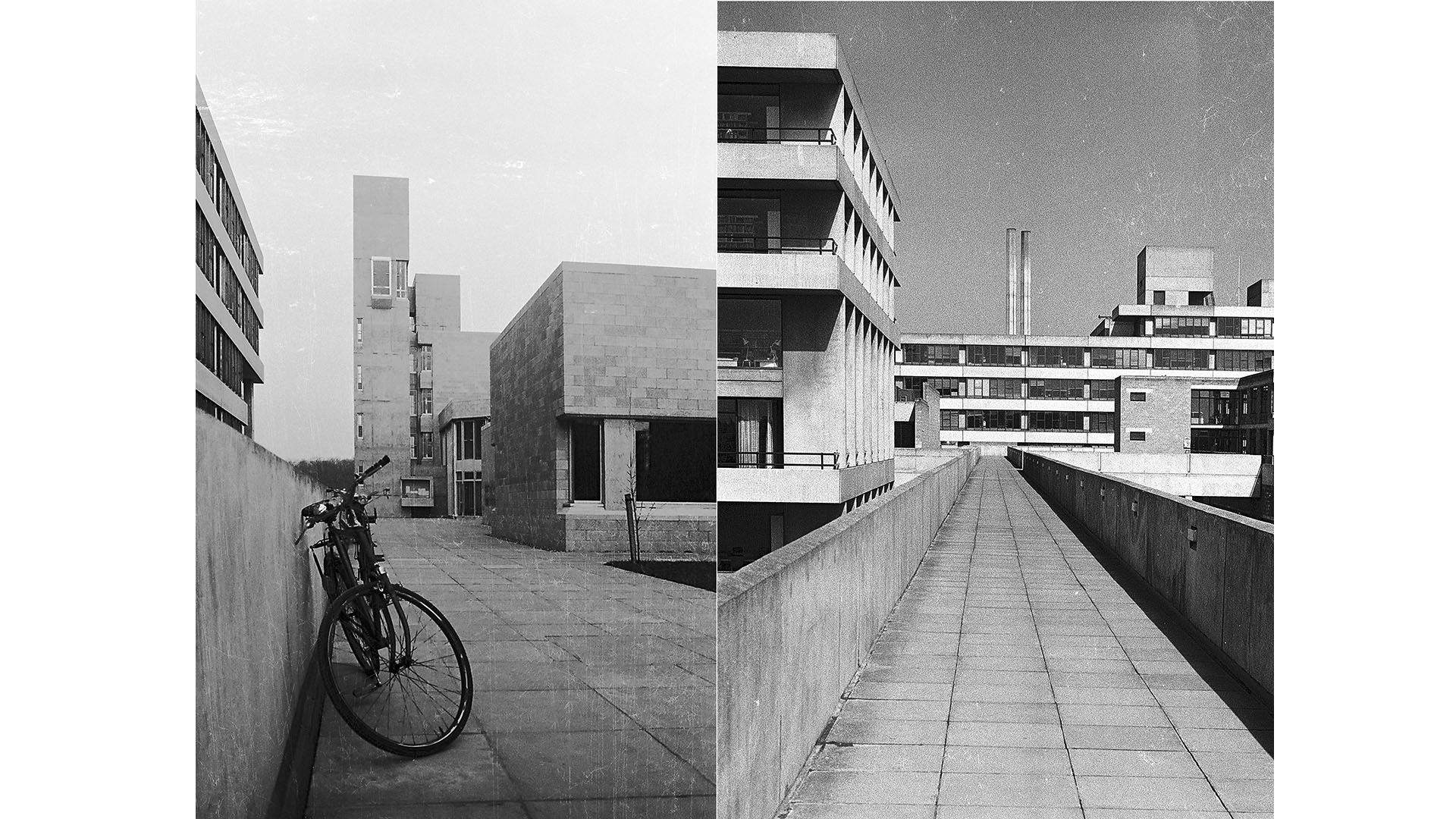 Two black and white archival photographs from the 1970s emphasising UEA's Brutalist architecture. The picture on the left has a bicycle leaning against the wall.