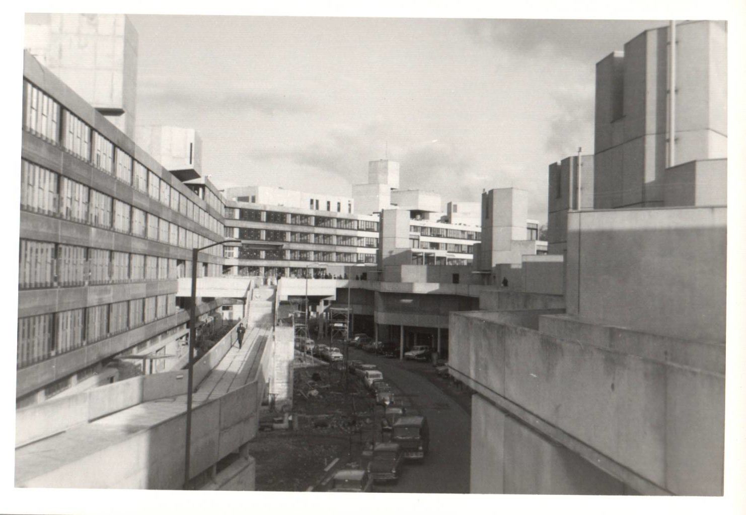 The Teaching Wall at UEA from September 1972. Lots of brutalist concrete buildings in a black and white photograph.