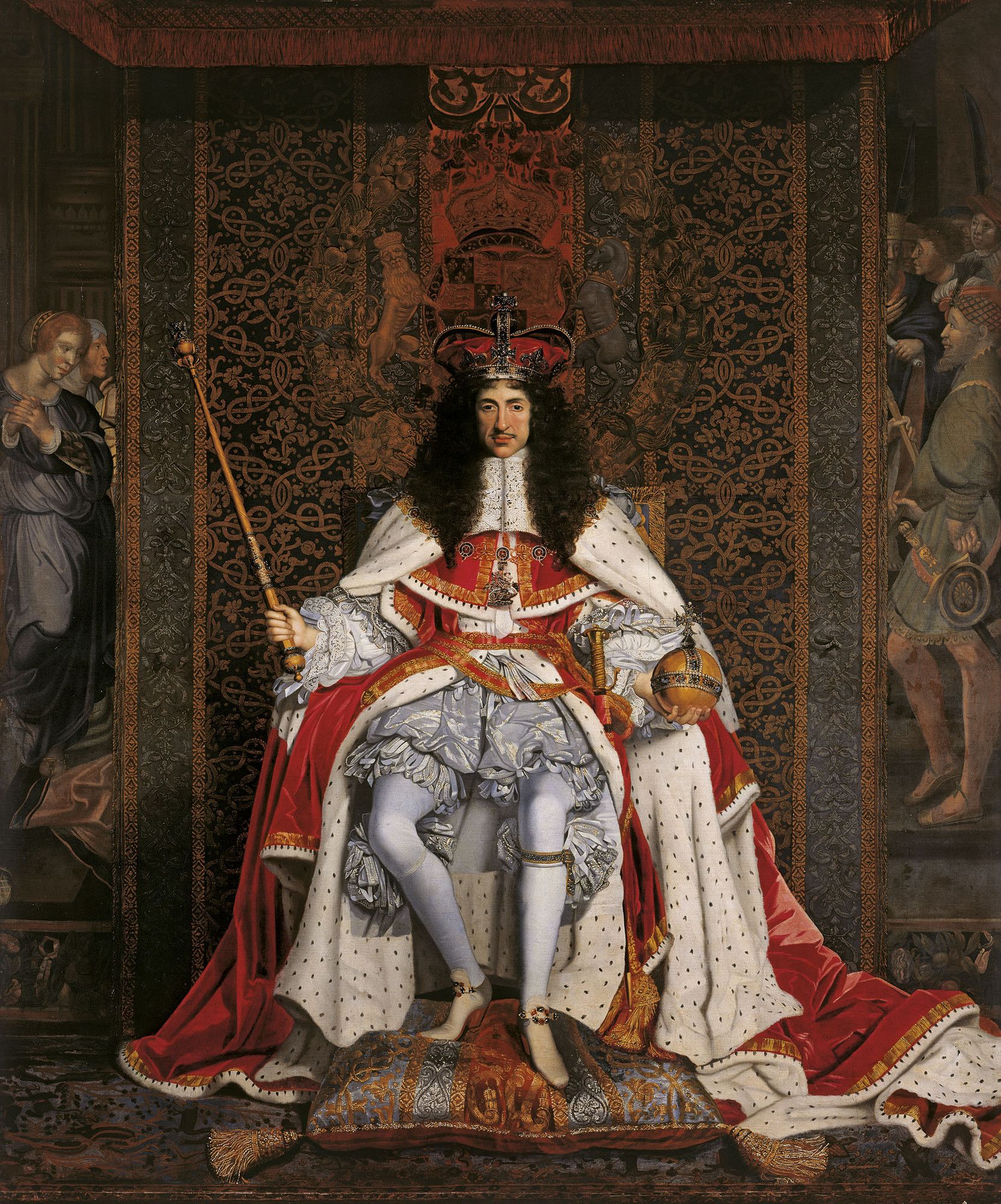 Charles II sits on his throine with a staff, wearing a crown
