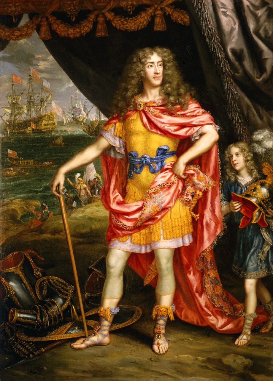 James, Duke of York, stands in regal clothing in front of a curtain and a seascape