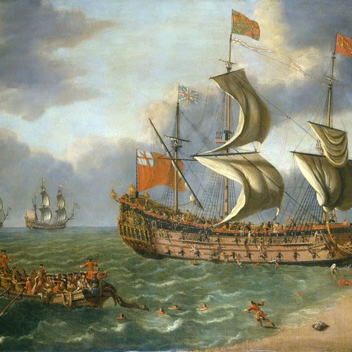 The Gloucester ship aground on a sandbank with people struggling to reach lifeboats
