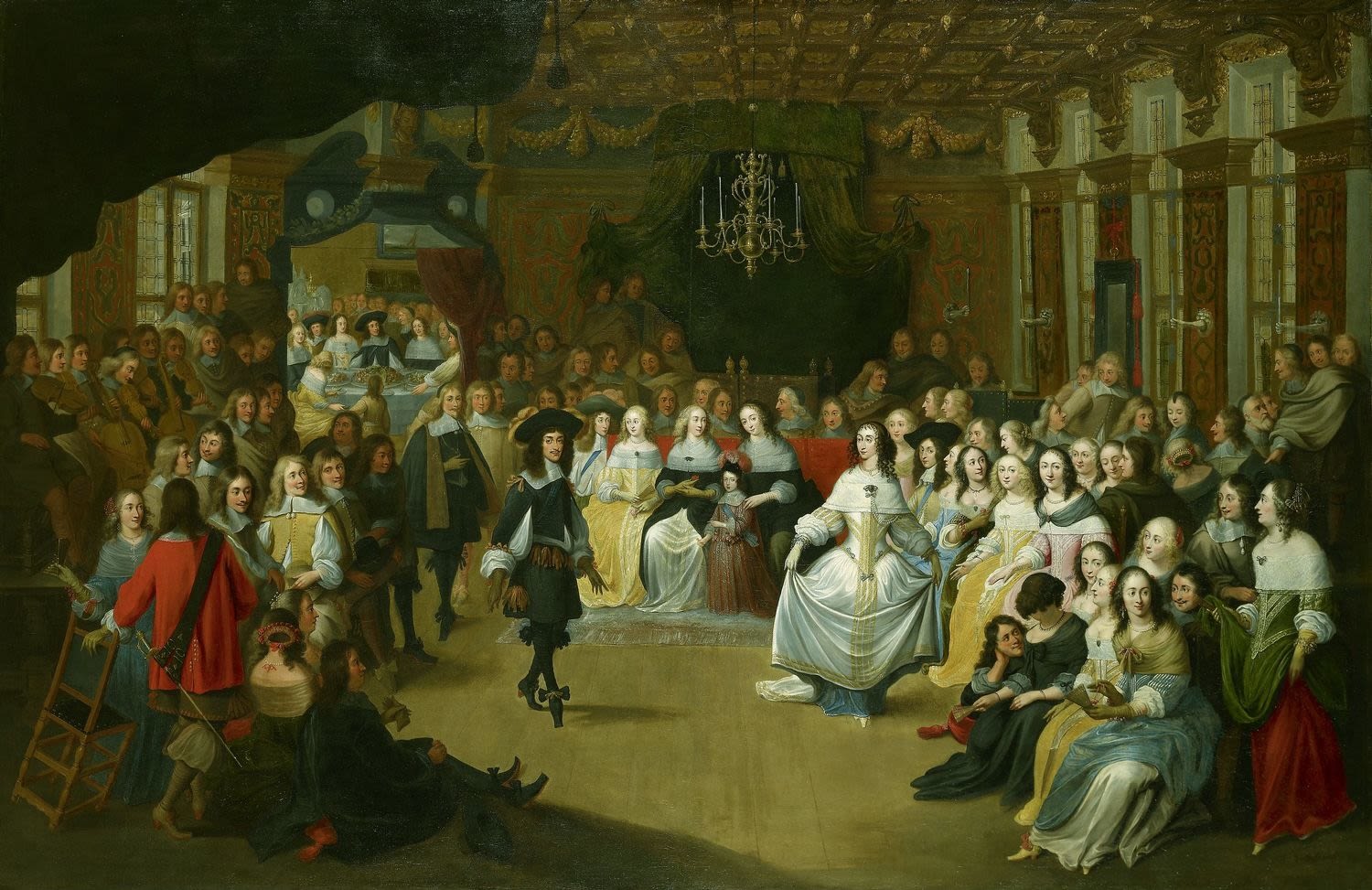 A large group of well dressed people stand watching as Charles II dances