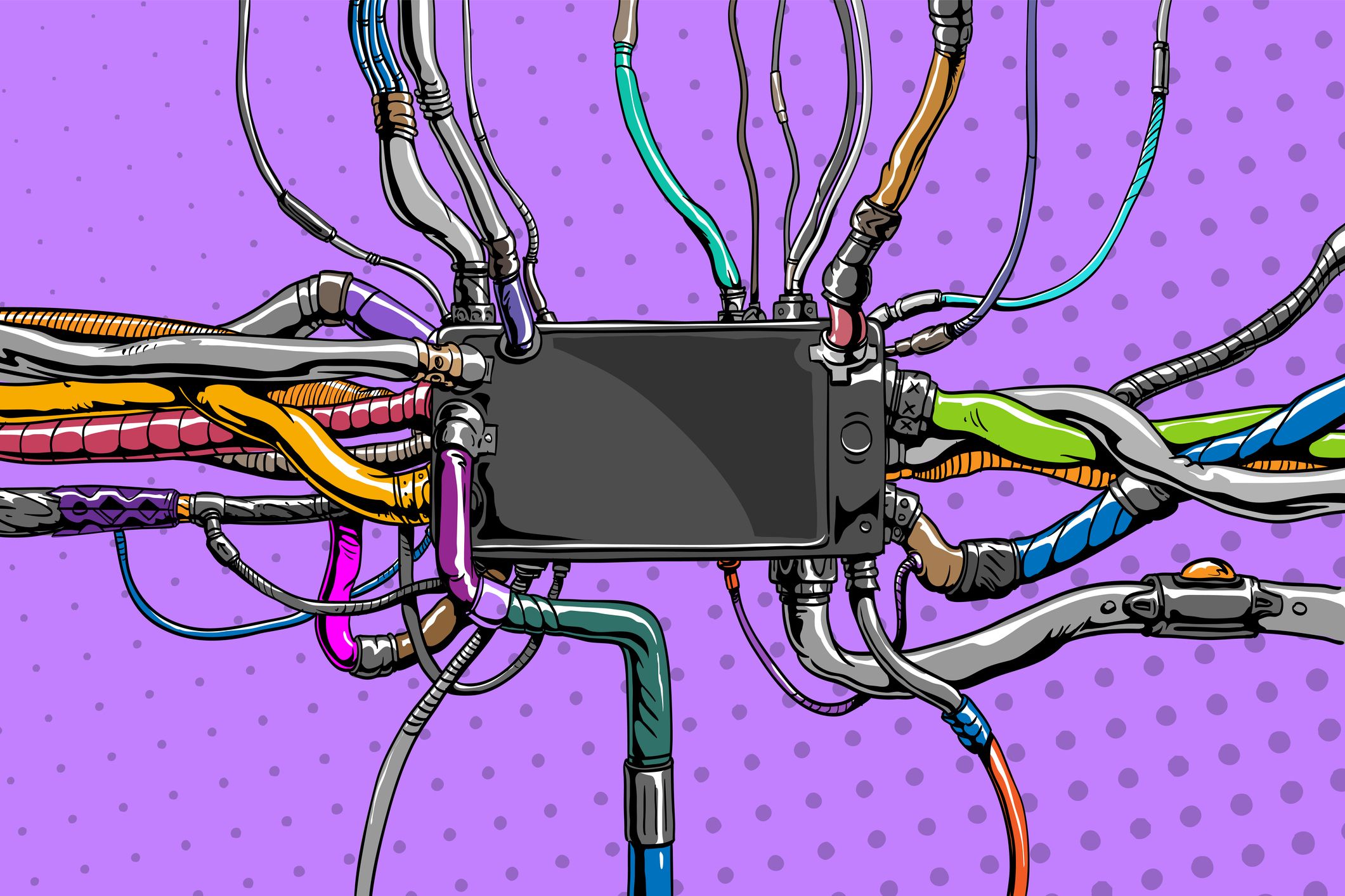 An illustration of lots of cables and electrical connections linking to a phone. 