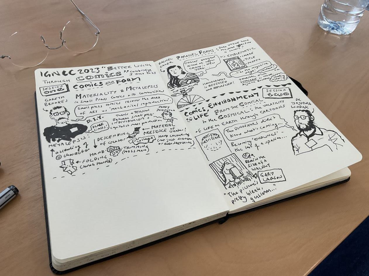 A photograph of a page of notes and illustrations of the speakers from a conference.