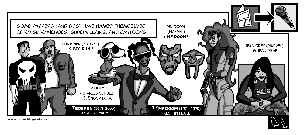 A comic-style image of a variety of rappers, superheroes and classic cartoons. MF Doom, Snoopy and Jean Grey are included in the image.