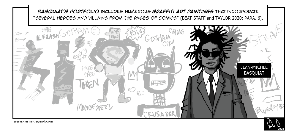 A black and white comic-style drawing of Jean-Michel Basquiat wearing a suit. Behind him there are multiple child-like graffiti drawings of superheroes.