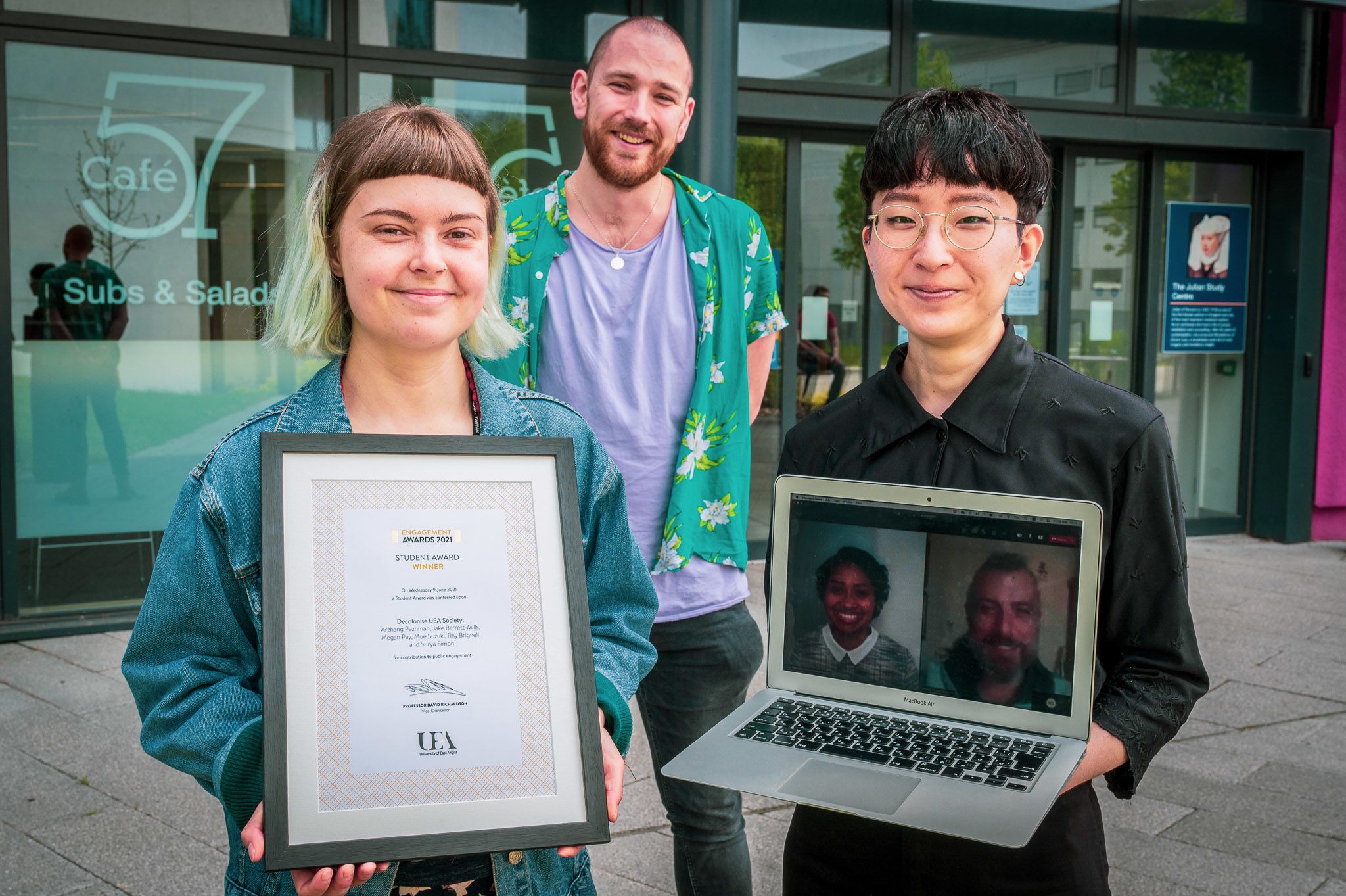 l to r: Megan Pay, Jack Barrett-Mills and Moe Suzuki plus (on Zoom) Surya Simon and Arzhang Pezhman
