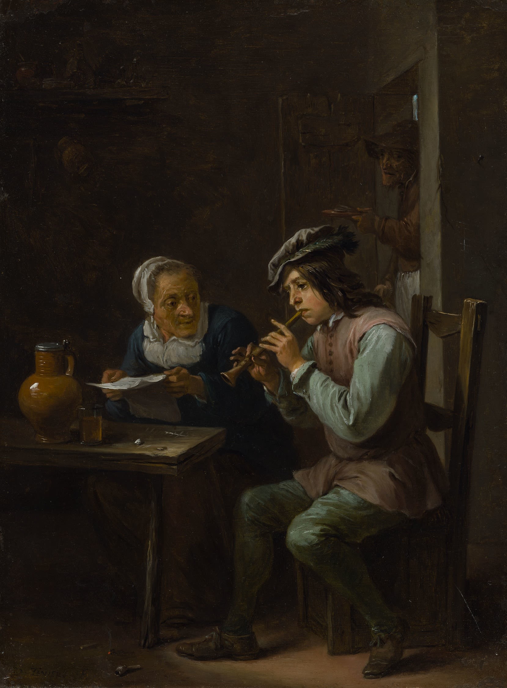 A boy plays a flageoet, with a woman looking over him