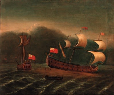 Two boats on rough water with dark clouds behind them