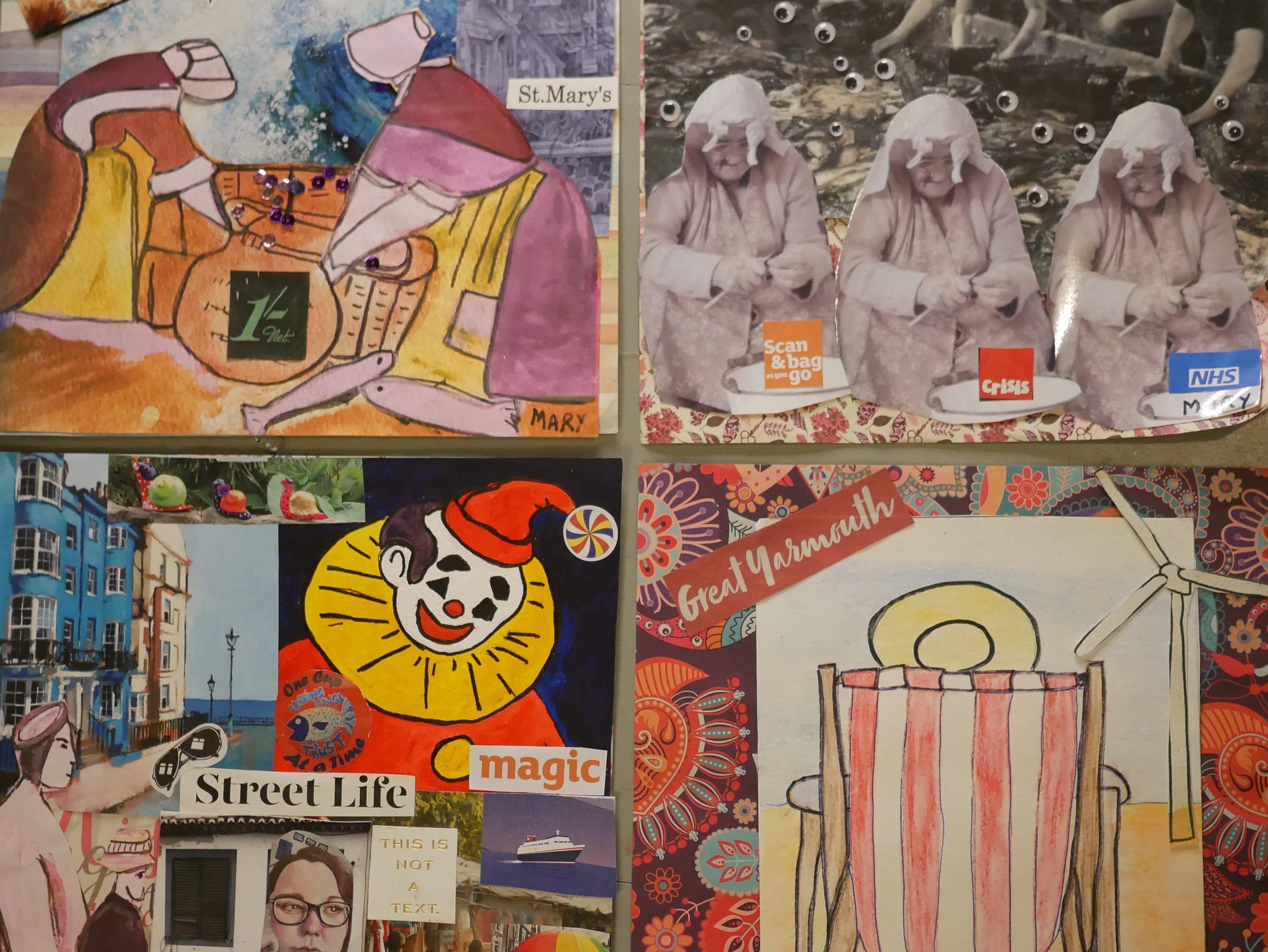 A collage image including drawings of a clown, a person sat in a deckchair and some tall buildings in Great Yarmouth.