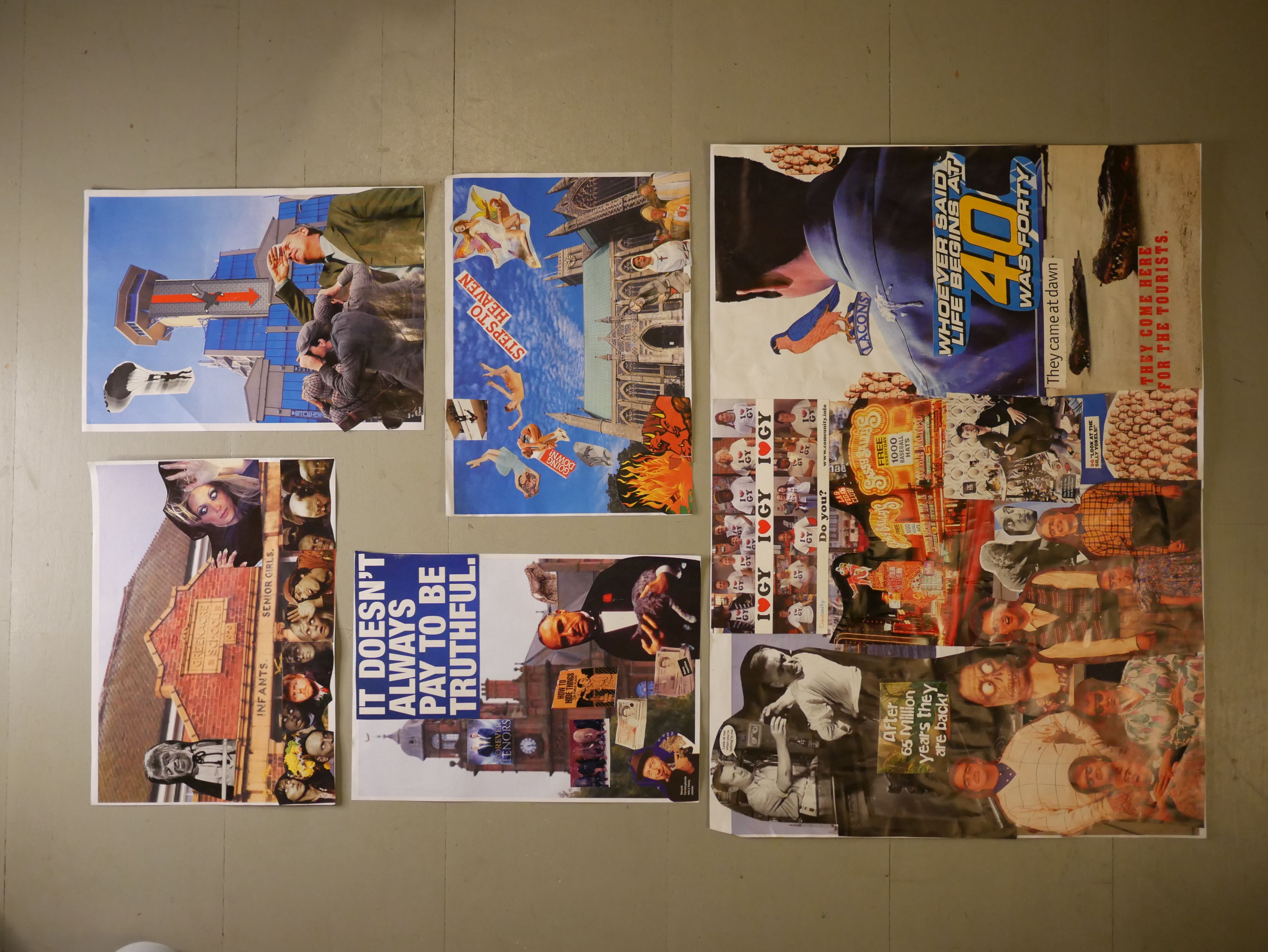 A collage image made up of images of the the town of Great Yarmouth, protesters and a falcon.