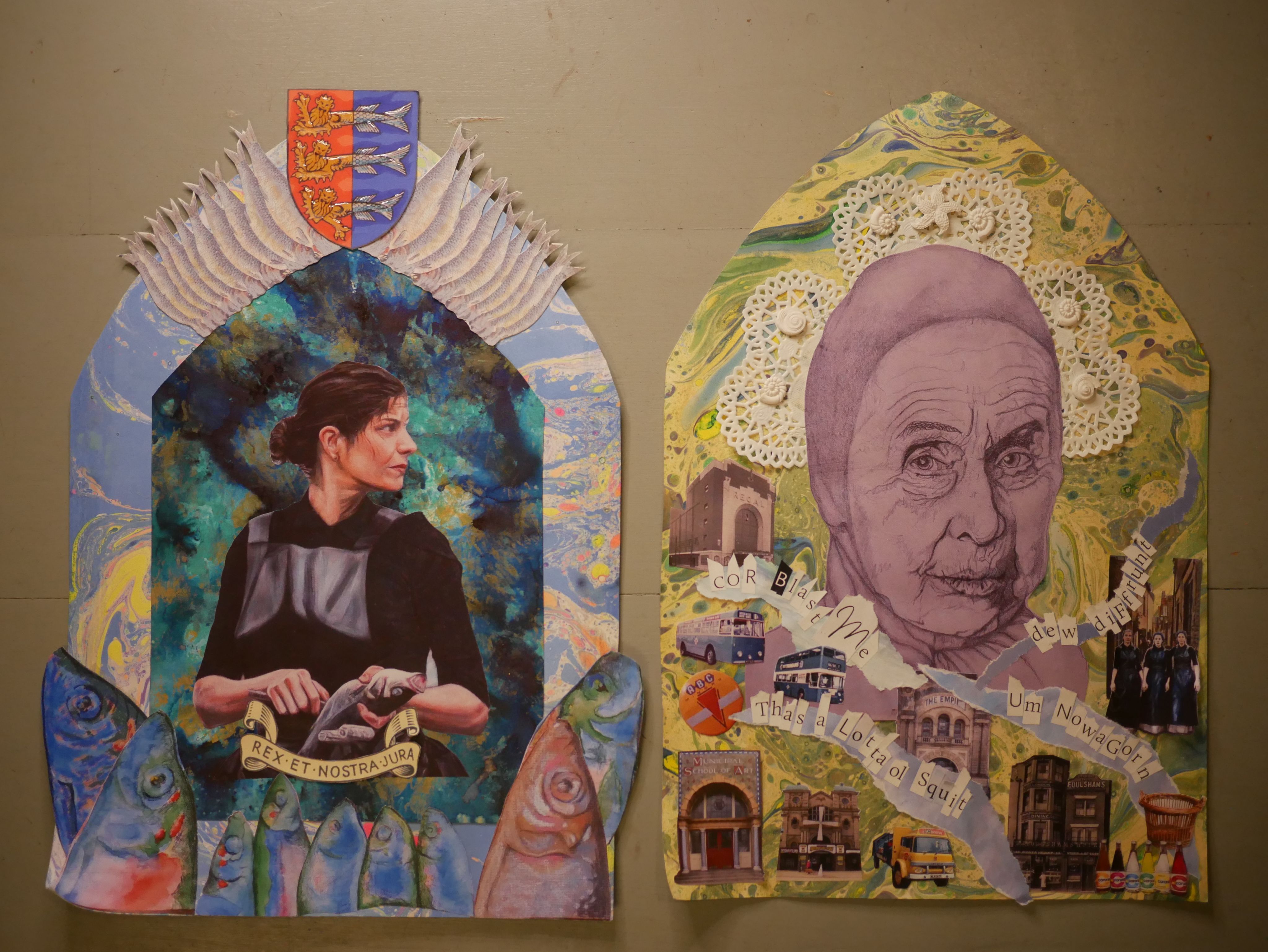 A collage image containing two ladies working in the fishing industry. One is descaling fish and the other is looking straight ahead.