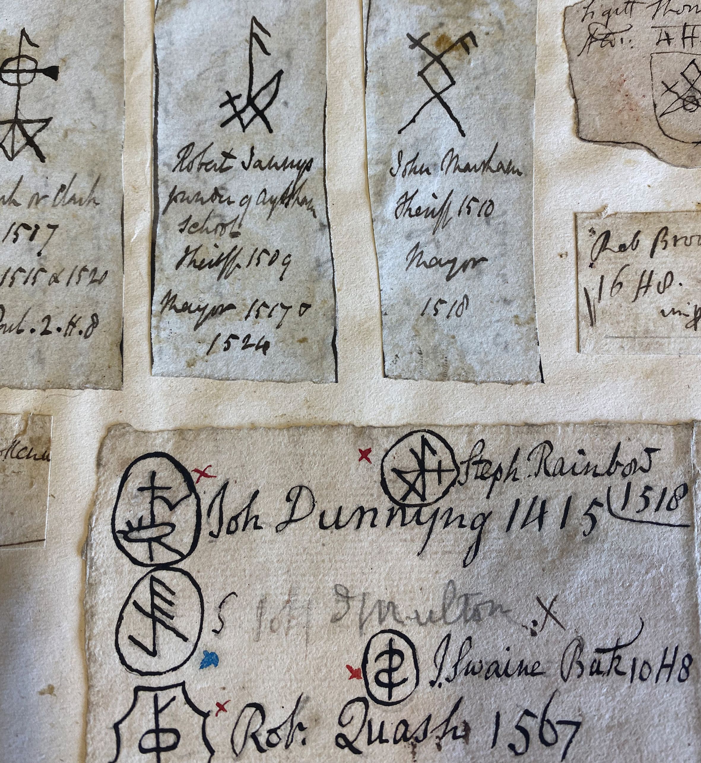 A selection of sketches of merchants' marks with annotations including the names of the marks' owners and the year they were created.