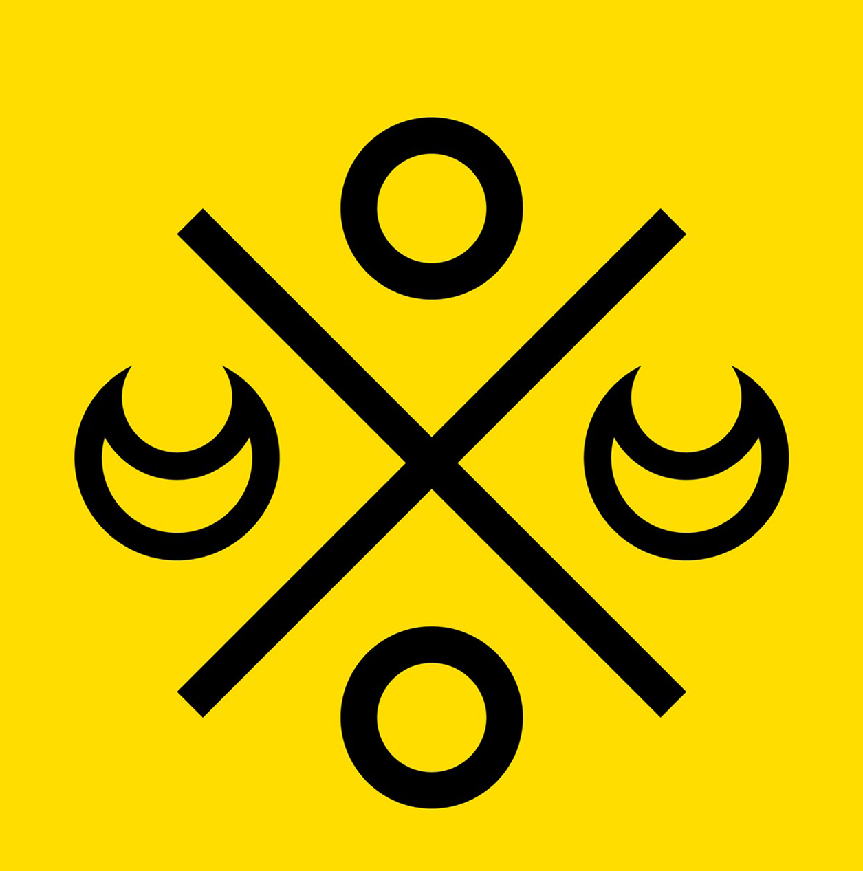 A black merchants' mark over a yellow background. Taken from the front cover of Logo Rewind.