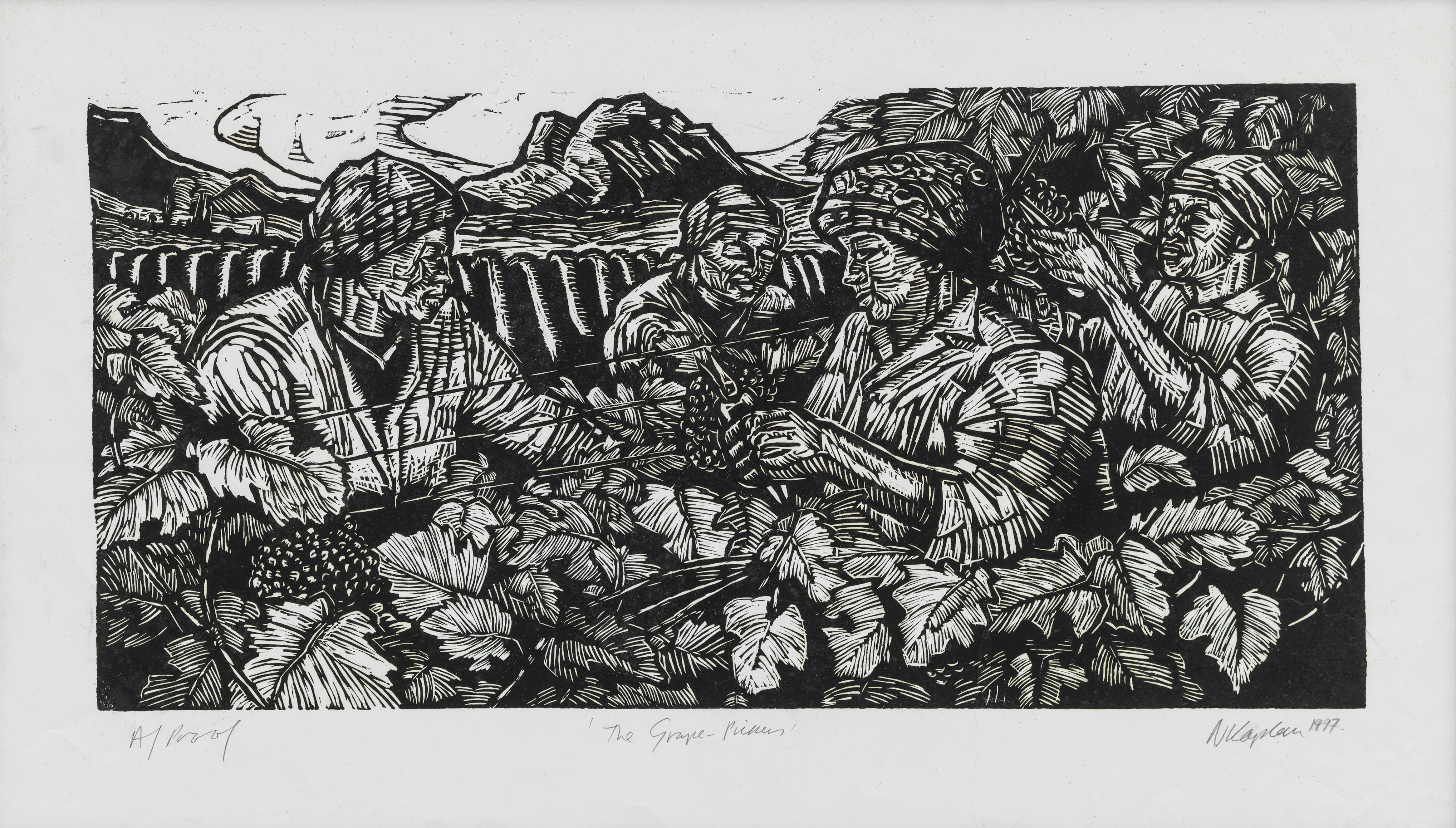 An image of four women picking grapes with mountains behind them. 