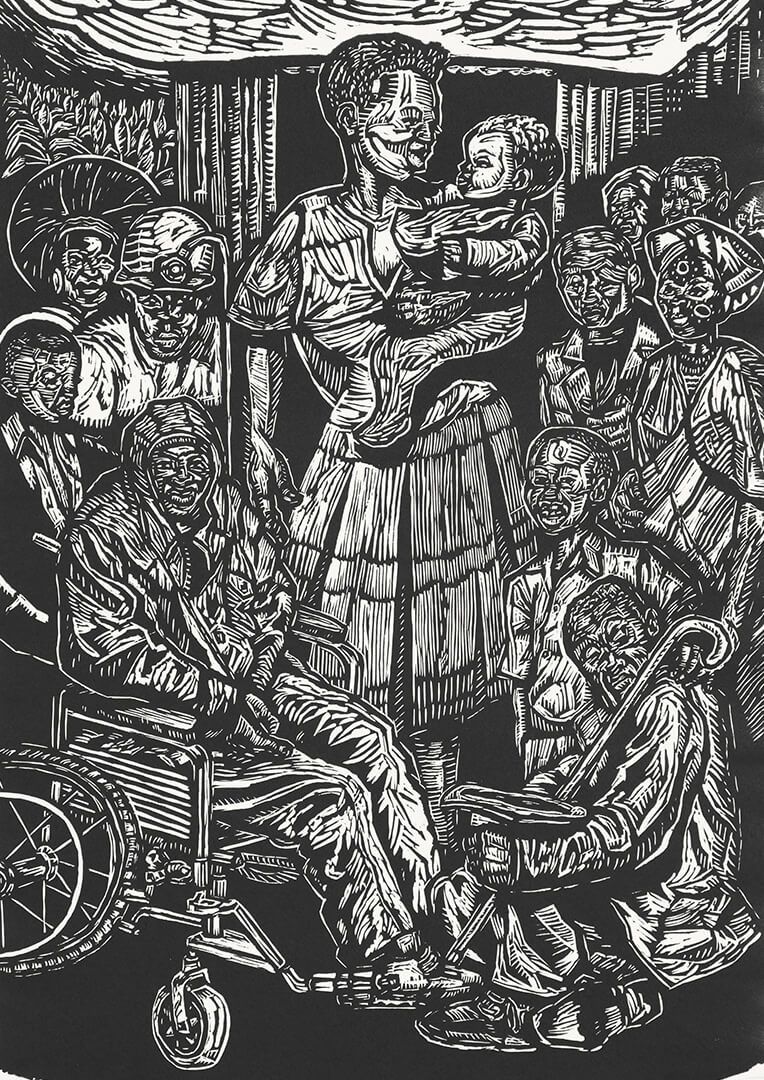 A artwork depicting a woman holding a baby. Clustered around her are a group of people including a miner, a man with a walking stick and a woman in a wheelchair.  