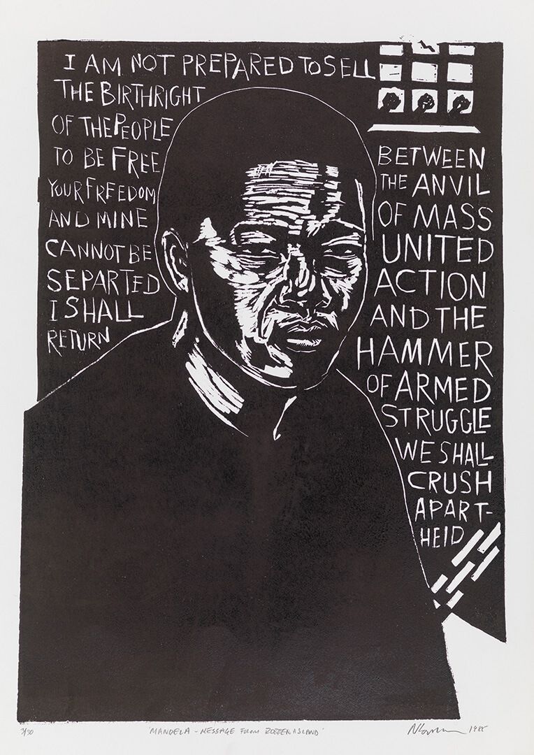 A linocut of Nelson Mandela facing the viewer
