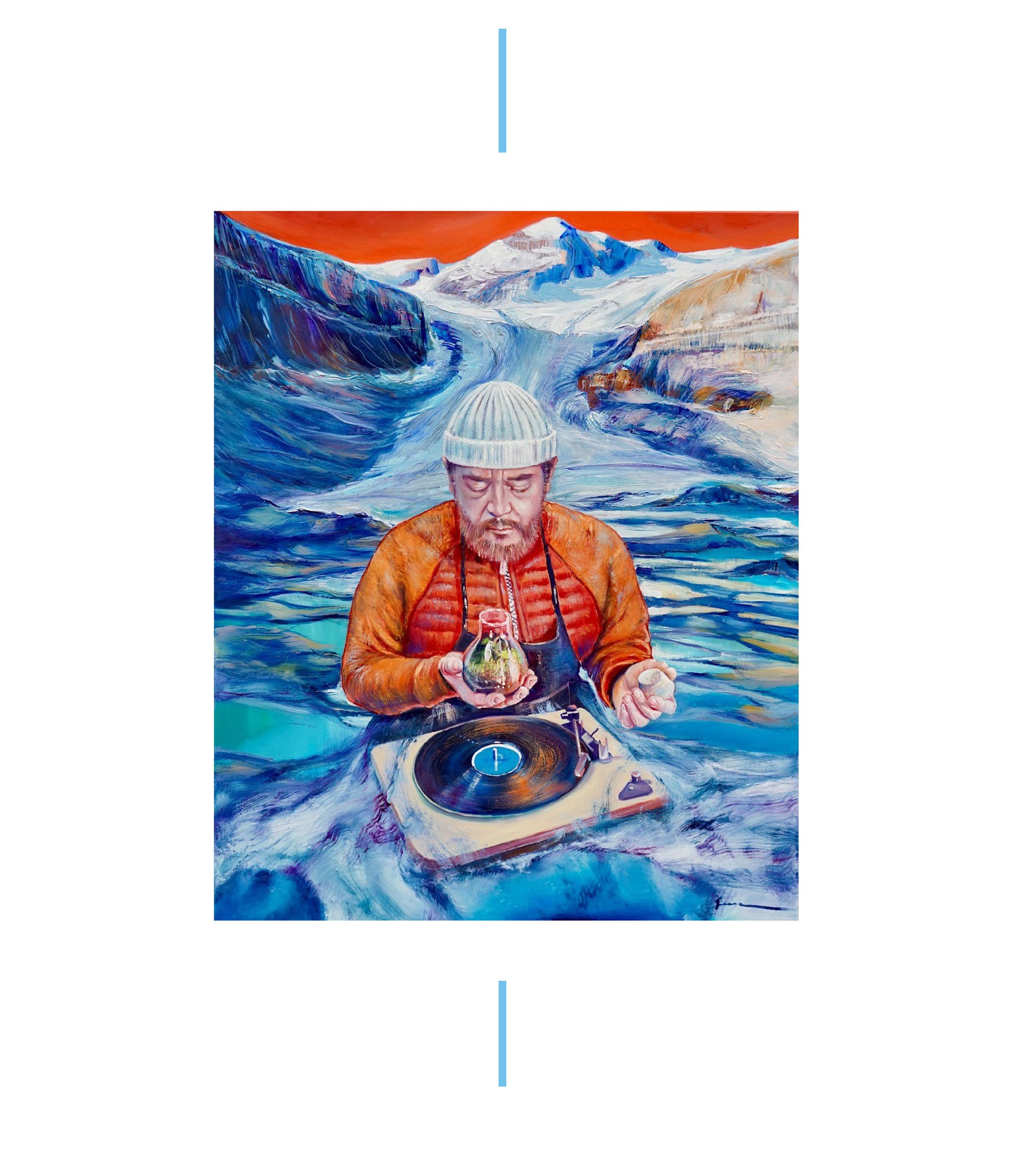 Am oil painting showing a bearded man with a white hat and an orange jacket is submerged in icy water in between two glaciers. In front of him is a turntable with a vinyl record on it, he is drinking an alcoholic drink from a glass.