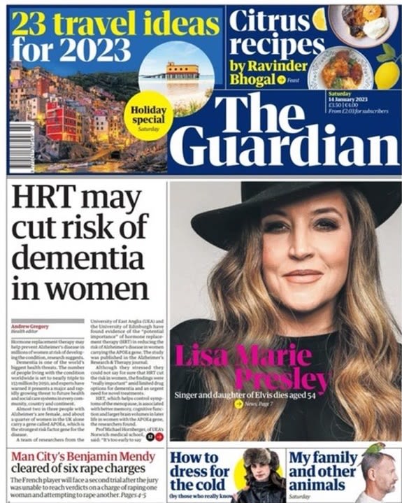 Front page of The Guardian newspaper with text reading 'HRT may cut risk of dementia in women' on left column and an image of Lisa Marie Presley on right column