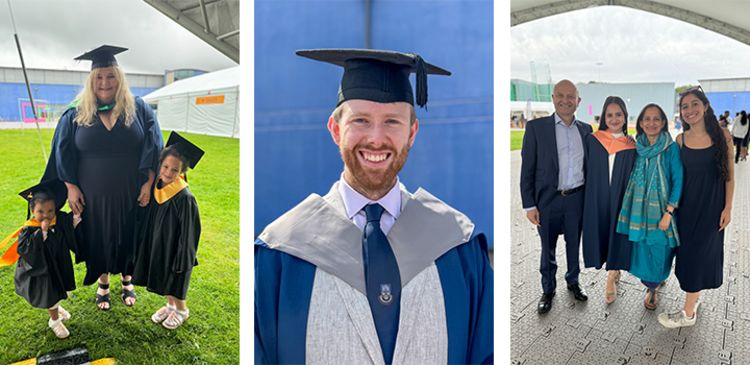 L-R: Katy Tinmouth with her two daughters; Jamie Mather; Maanya with her parents, alumni Phalguni Bhatt and Rajiv Shah
